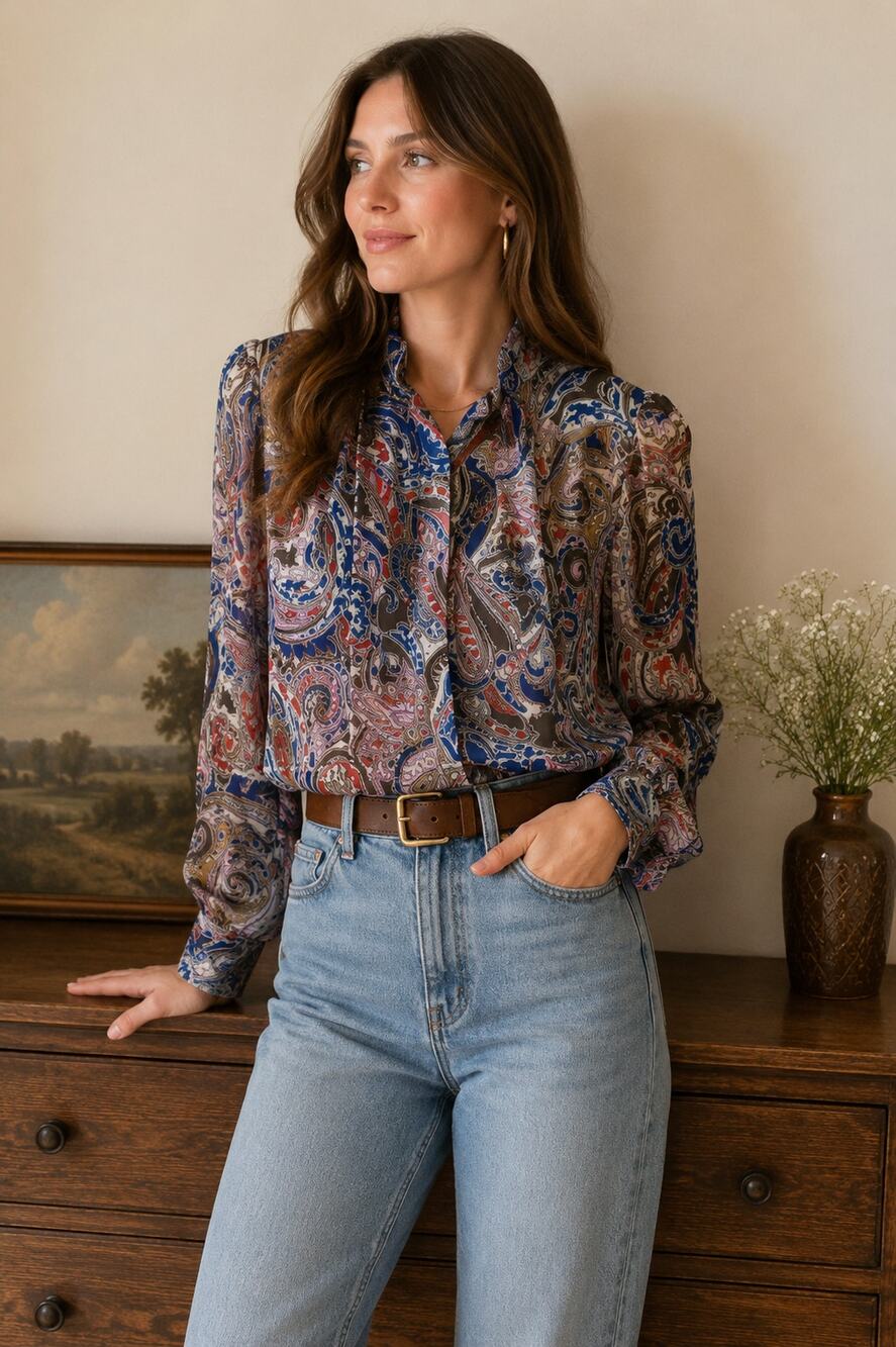 Bedford Fair Vintage Paisley Button-Up Blouse Women's Size 12 Polyester